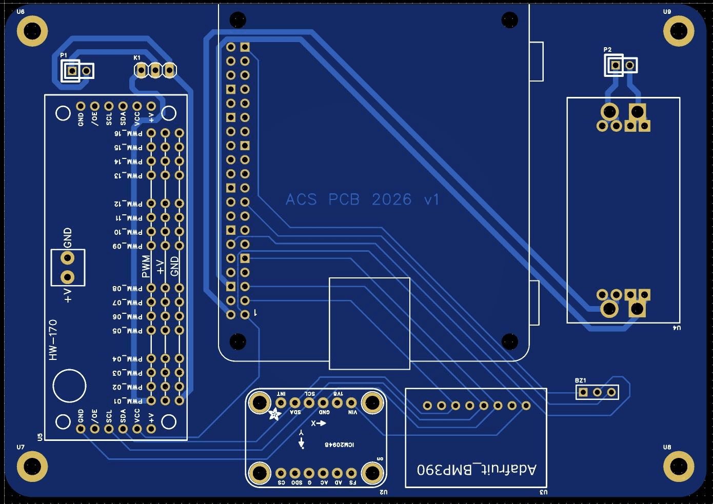 Circuit board layout for the ACS PCB 2026 v1, showing footprints for a BMP390 barometric sensor, an ICM-20948 IMU, and a servo-driver header