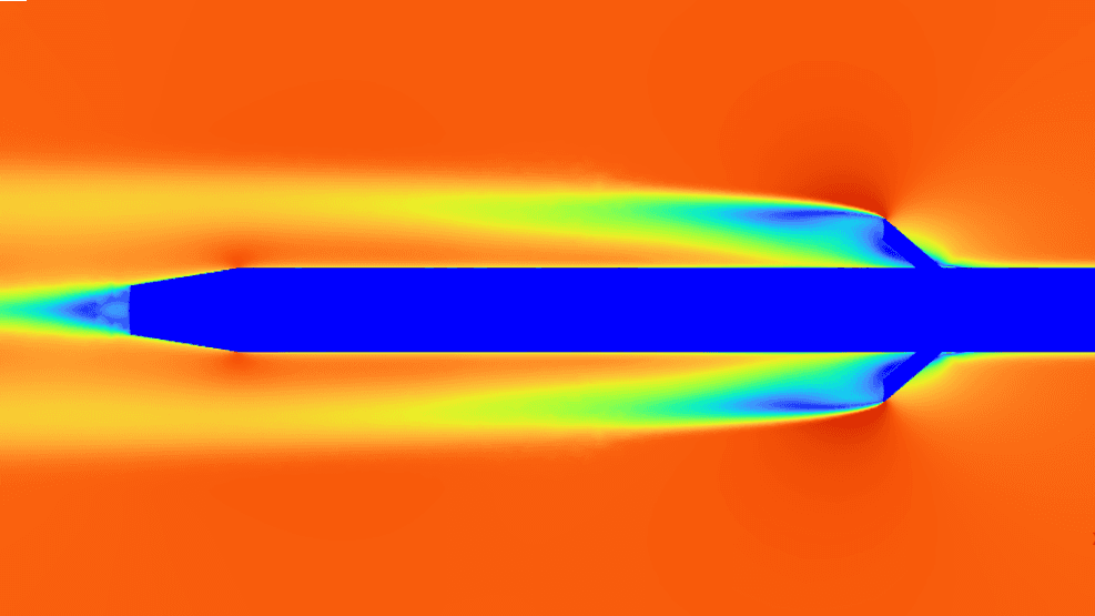 CFD pressure field around a DRACO airframe with the airbrakes deployed, showing the low-pressure wake behind them