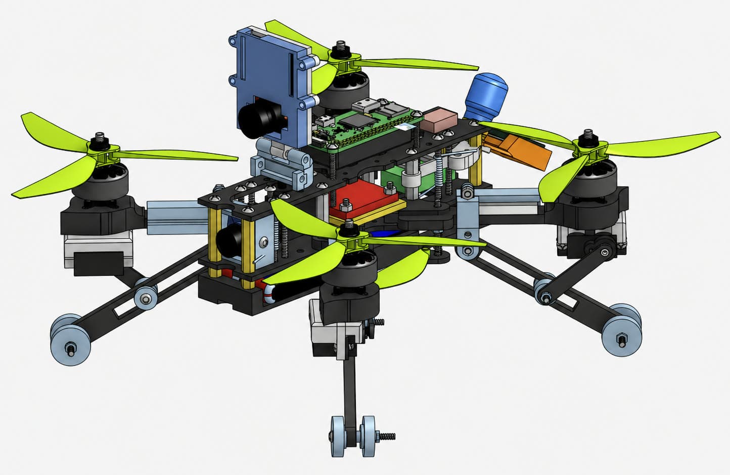 CAD render of a quadcopter payload with green propellers, camera mount, single-board computer, and landing gear