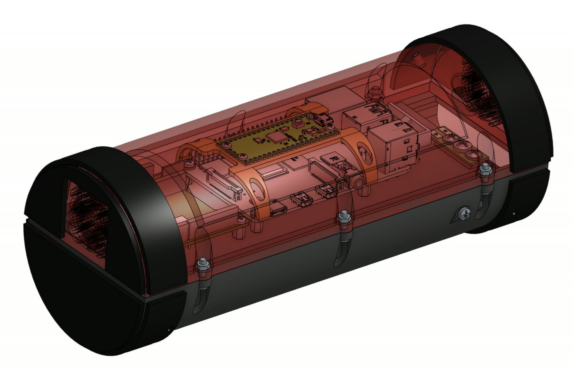 CAD render of a cylindrical payload capsule with a transparent red shell revealing a single-board computer mounted inside