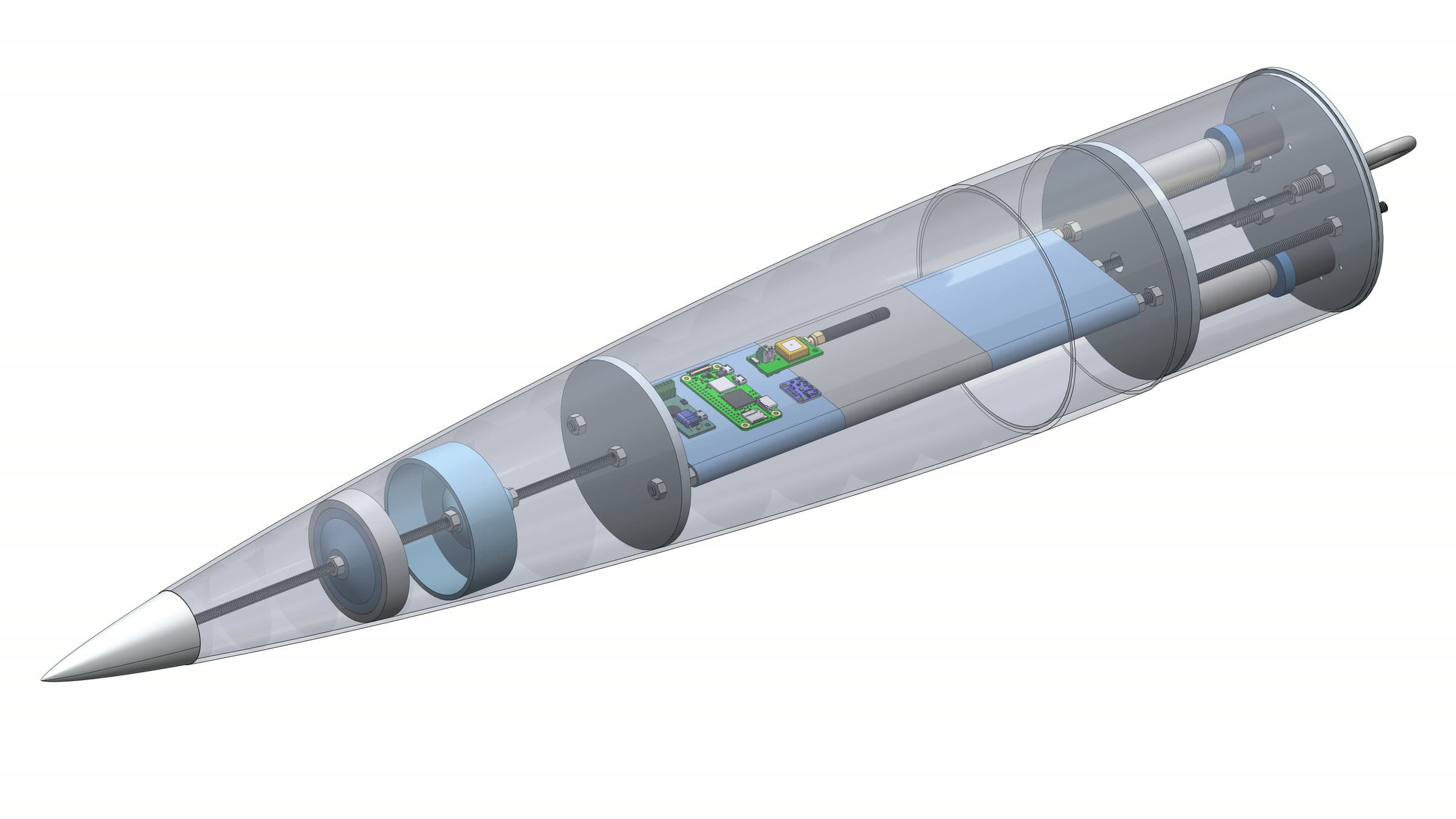 Transparent CAD section view of the whole rocket showing the internal bulkheads, electronics boards, and payload bay