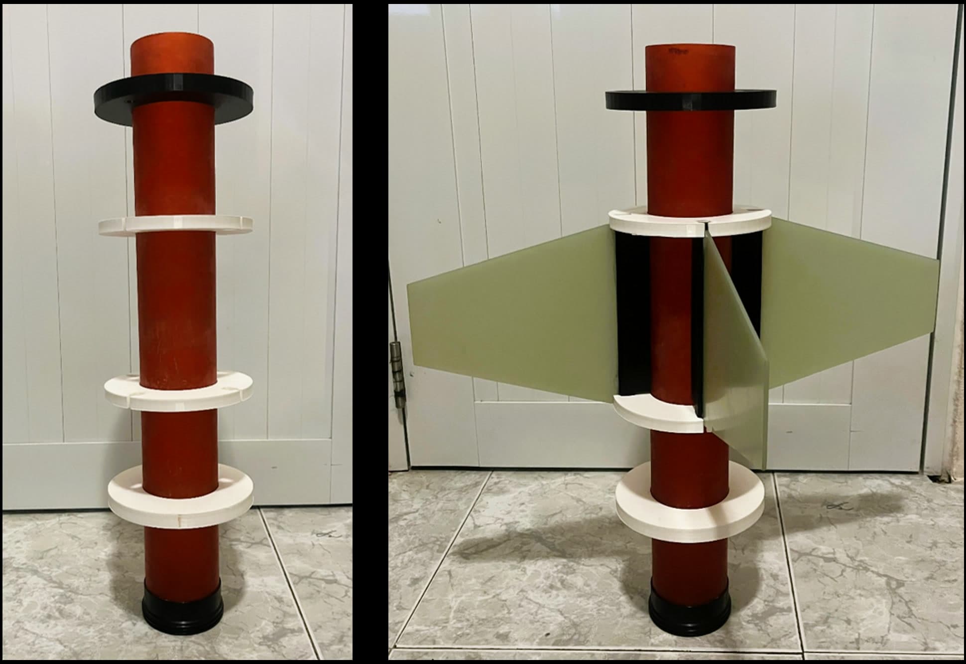The motor mount tube with white 3D-printed ABS center rings, shown bare and with the fins installed.
