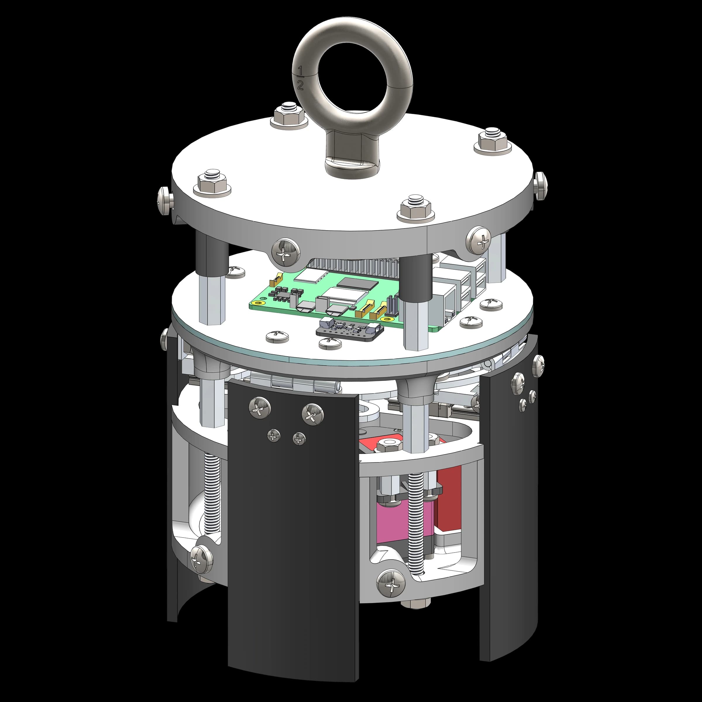 CAD assembly of Koeia's airbrakes module, showing the four deployable drag fins, actuation linkage, control board, and top eyebolt.