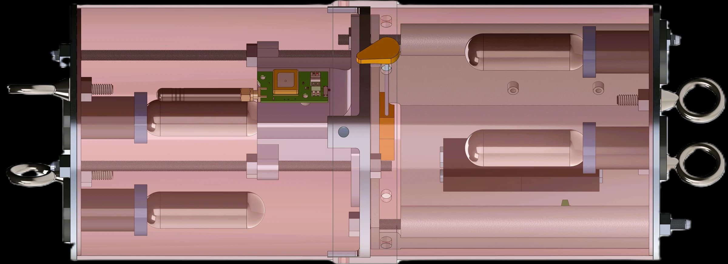 CAD section view of Koeia's preliminary full-scale assembly, showing the avionics bay electronics board and surrounding bulkheads and tubes along the airframe.